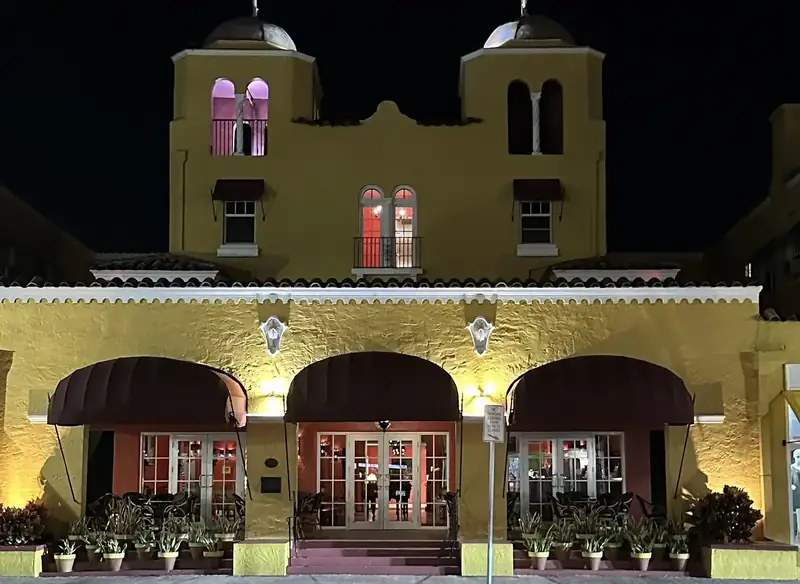The Colony Hotel in Delray Beach, Florida, lit up at night