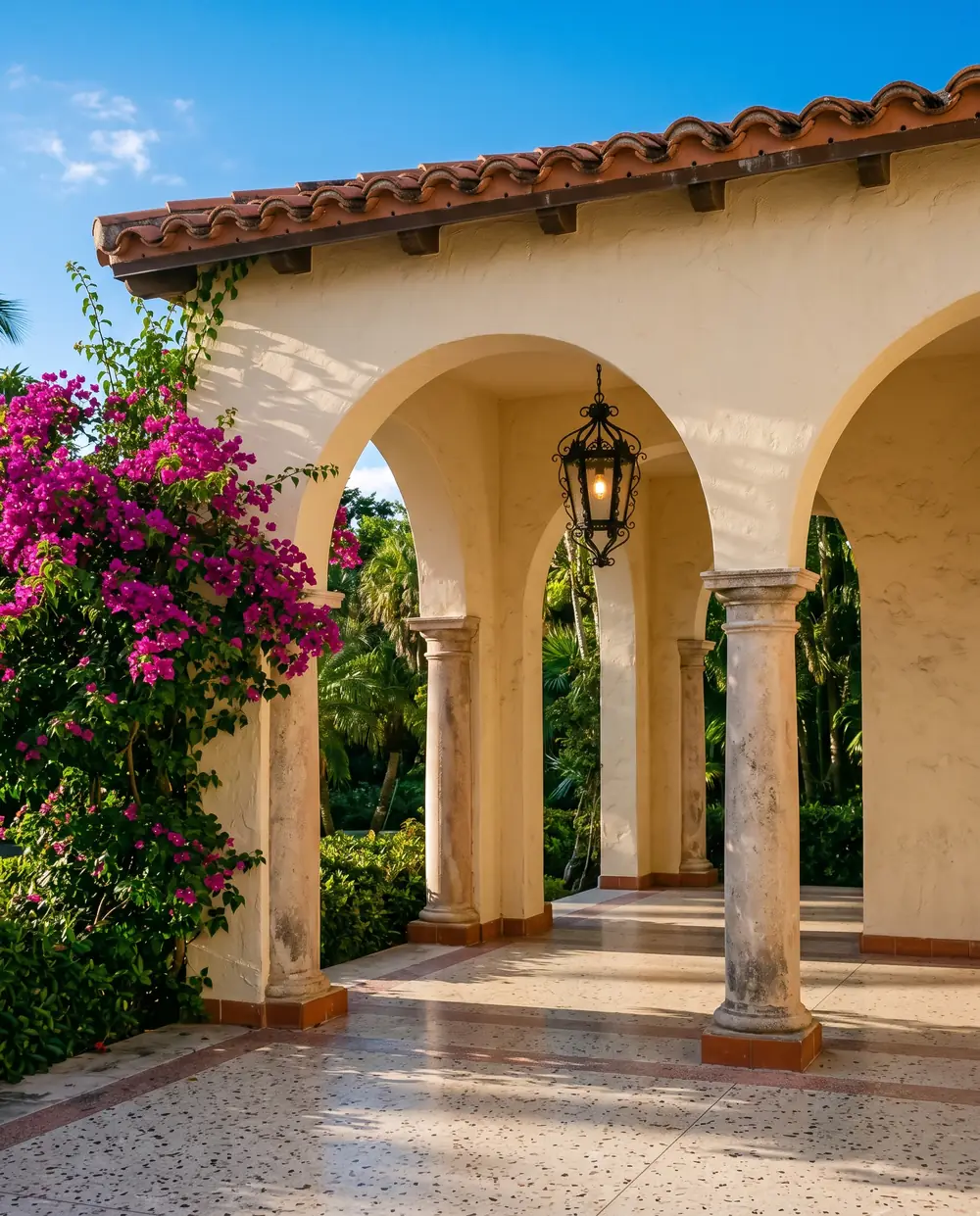 Arched cream stucco loggia under a terracotta tile roof, with an iron lantern and magenta bougainvillea
