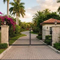 Illustrative image: coral-stone pillars and a wrought-iron gate at a palm-lined residential entrance