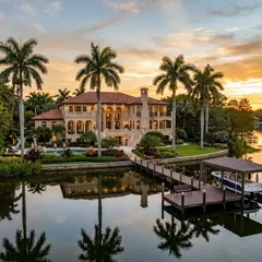 Illustrative image: Mediterranean-style waterfront home with a covered boat dock at sunset