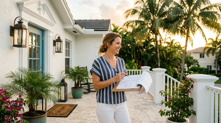 Buyer holding clipboard with handwritten tour notes on the front porch of a white stucco South Florida coastal home in golden-hour afternoon light, palm fronds visible in background