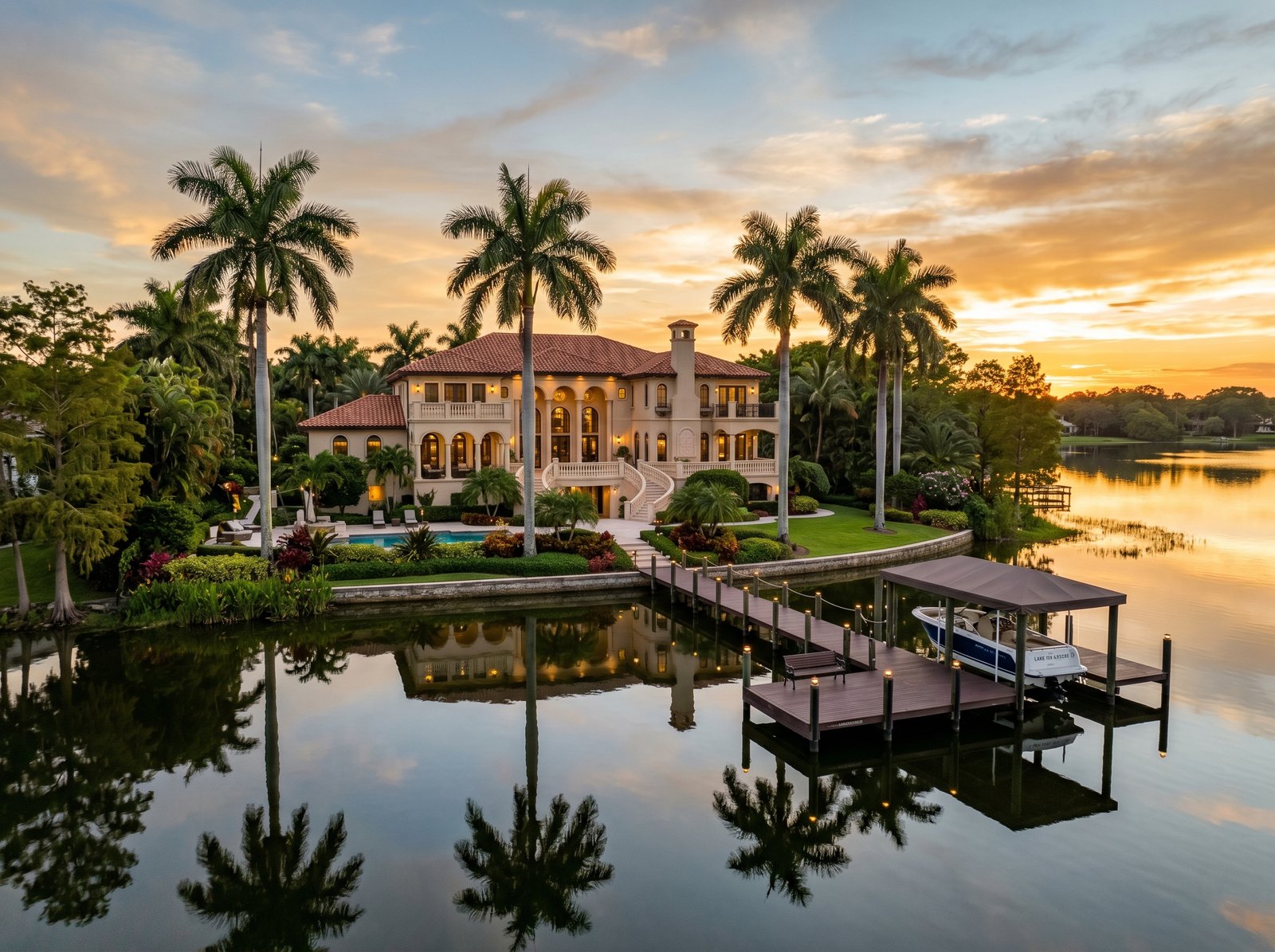 Lakefront Mediterranean estate with private dock reflected on calm Lake Ida waters