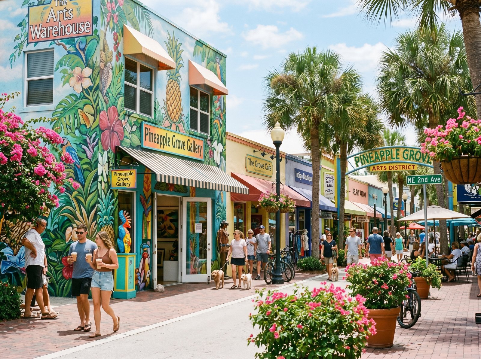 Colorful gallery storefronts and tropical streetscape in Pineapple Grove Arts District Delray Beach